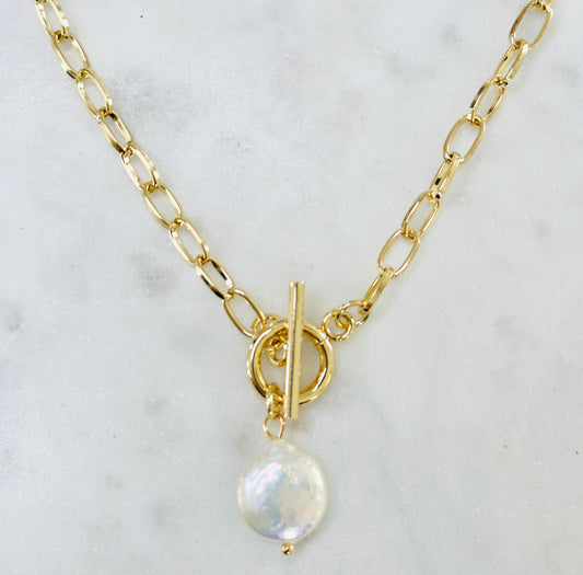 Gold Paper Clip Chain with Freshwater Pearl